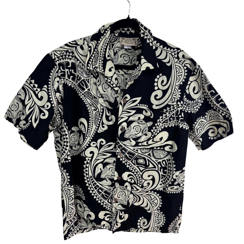 E&K Large Black Button Up Men Tribal Turtle Print Hawaiian Shirt Resort Tropical